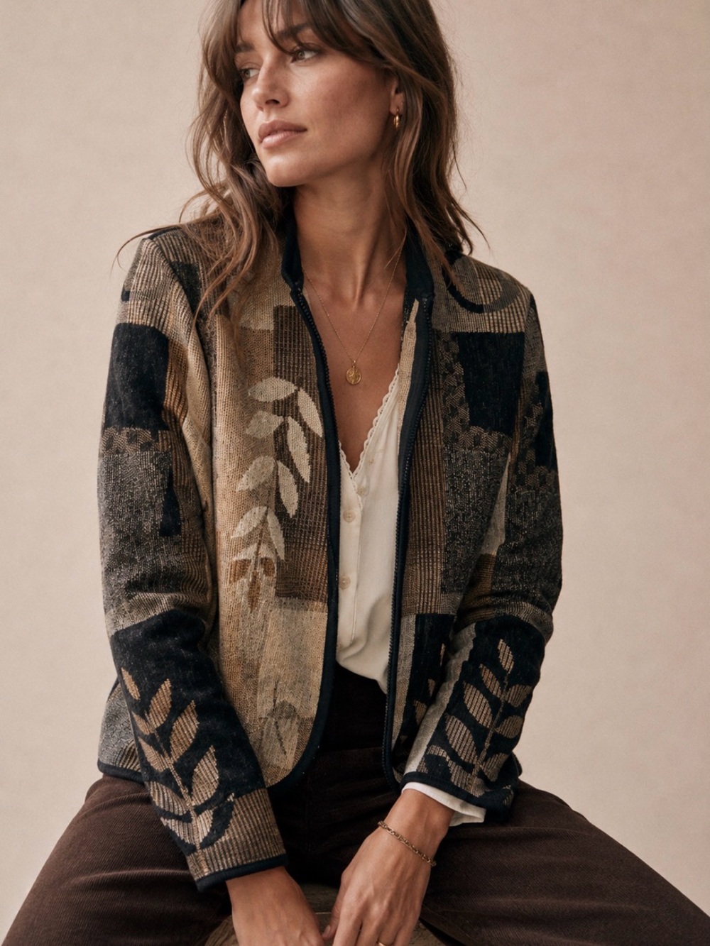 Coldwater Creek tapestry jacket features a patchwork design neutral colors L